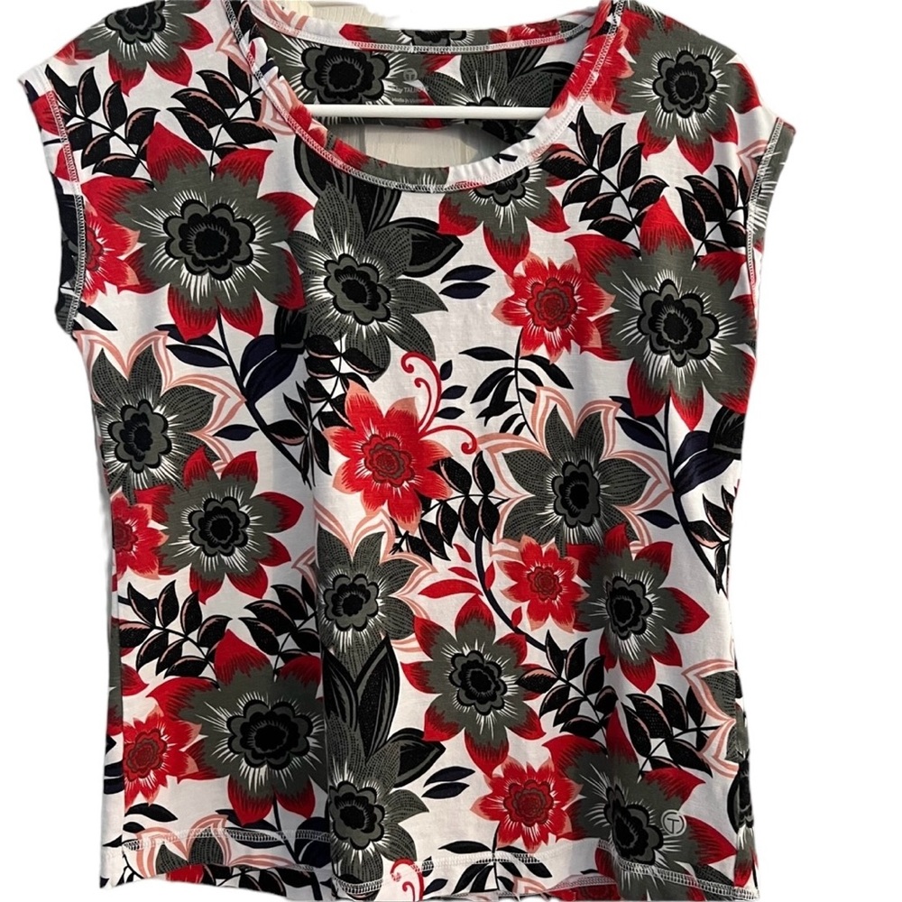 T By Talbots Red/Grey Floral Sleeveless Top Size PS